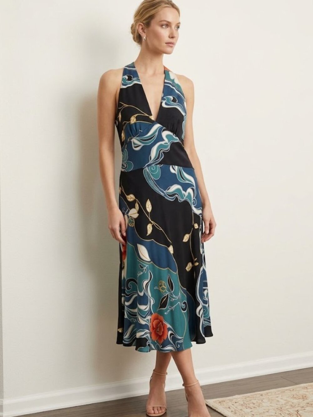 Laundry 100% Silk Floral Halter-Style Deep V-Neck Sheath Dress